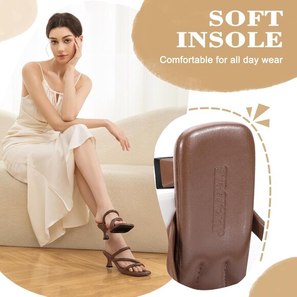 Trakxy Women Brown Square Toe Kitten Heels Open Toe Cross Strappy Party Sandals - Picture 5 of 8